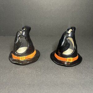 Set of 2 Halloween Black & Orange Ceramic Witch Hats Tealight Candle Holders 3"